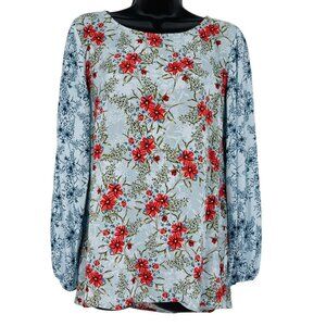 Sundance‎ Women's Blue Floral Top Size S Crew Neck Peasant Sleeves Mixed Media